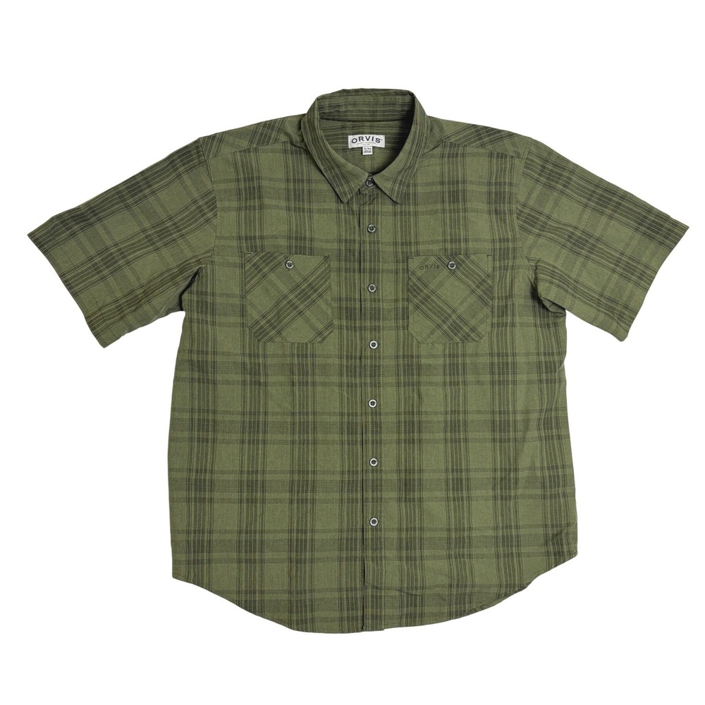 Orvis Mens XL Short Sleeve Plaid Button Down Shirt Olive Green Polyester Outdoor